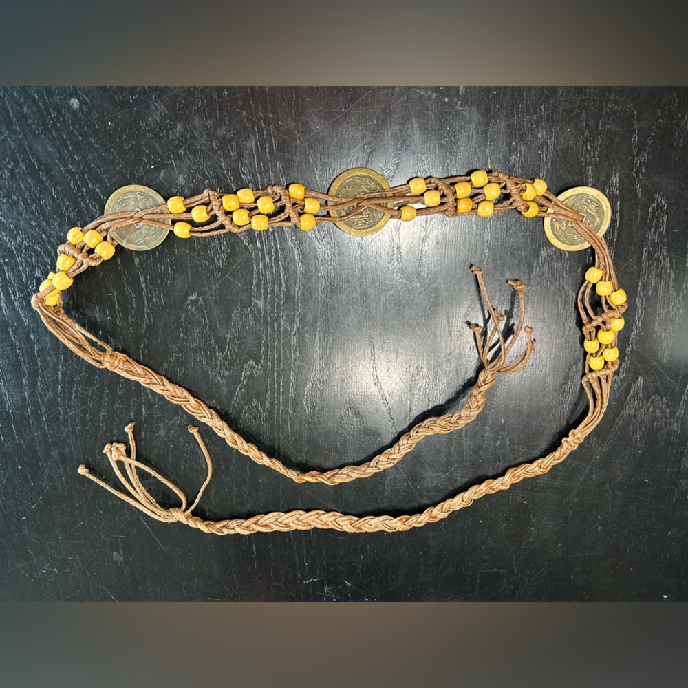 Braided Leather waist belt with Yellow Beads- bronze coins with dragons writing